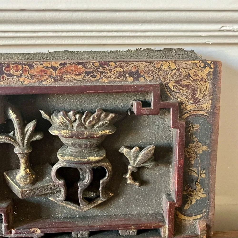 Antique Chinese Hand-Carved Wood Architectural Panel
